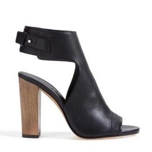 Vince Addie Black Leather Block Heel Open Toe Ankle Strap Booties
